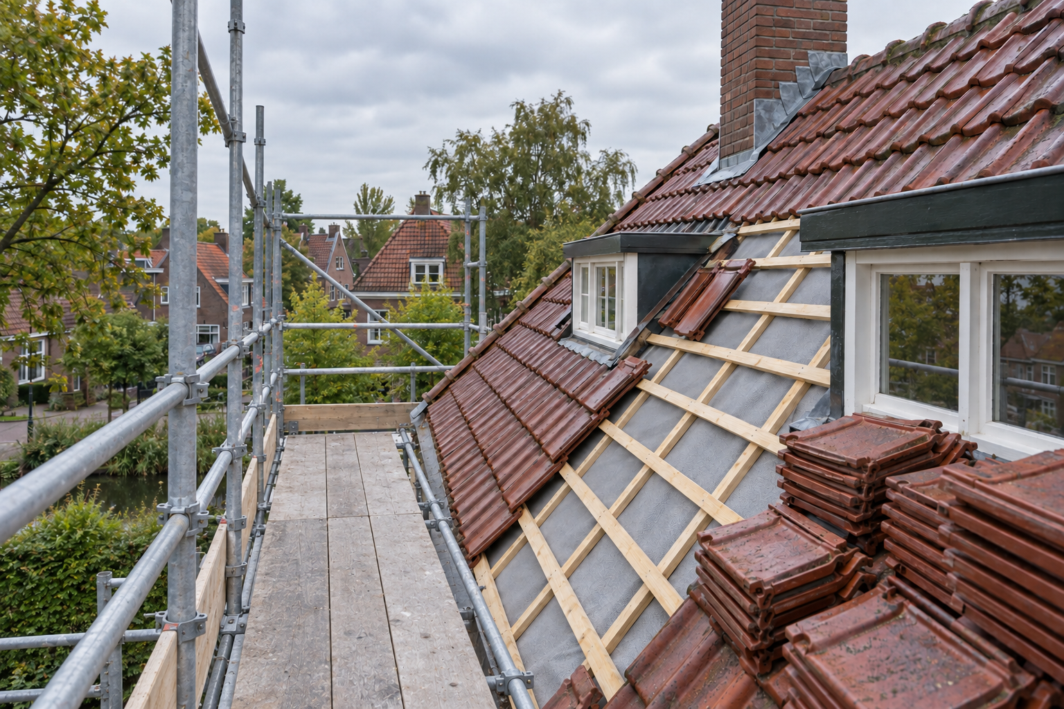 Sfeerbeeld van een pannendak tijdens renovatie, met panlatten, dakfolie en dakpannen